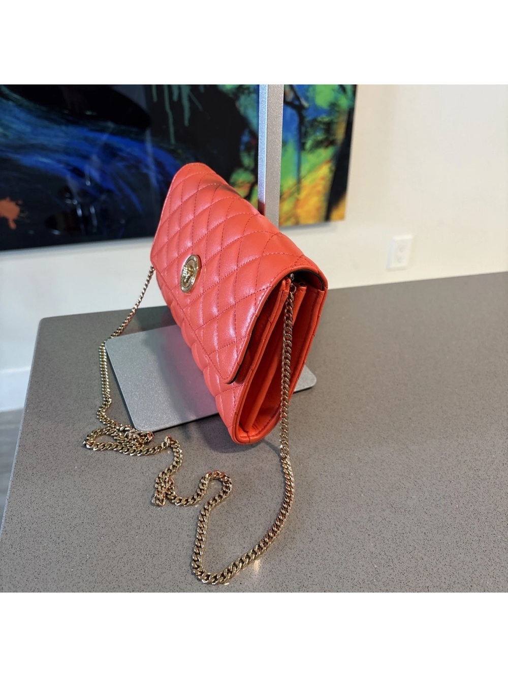 Versace Quilted Coral-Red Chain Shoulder Bag $ 1795 Retail - Picture 9 of 14